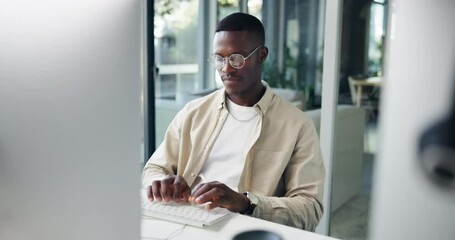 Poster - Black man, computer or thinking in office for research, email networking or editing article. Creative writer, SEO or typing with technology for reading news, latest trends information or connection