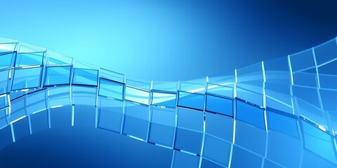 Wall Mural - abstract blue background featuring a wave of transparent squares with reflections and light