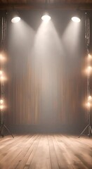 Wall Mural - Stage spotlights illuminating empty wooden floor with smoke effect 4K vertical