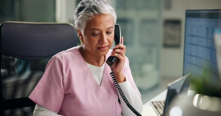 Aufkleber - Healthcare, nurse or phone call with document in hospital for medical results, appointment or advice. Pediatrics, mature woman and speaking to patient for online consultation, feedback and telehealth