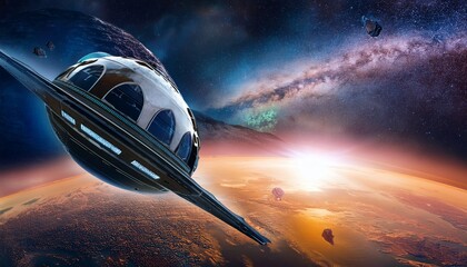 Wall Mural - a sleek spaceship glides through a stunning galaxy of vibrant planets and landscapes