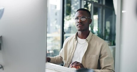 Poster - Black man, computer or typing in office for research, business networking or editing article. Creative writer, SEO or employee with technology for news search, latest trends information or connection