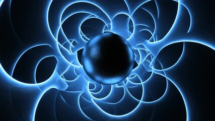 Wall Mural - Abstract 3D animation with neon lines and a black sphere in a dark space