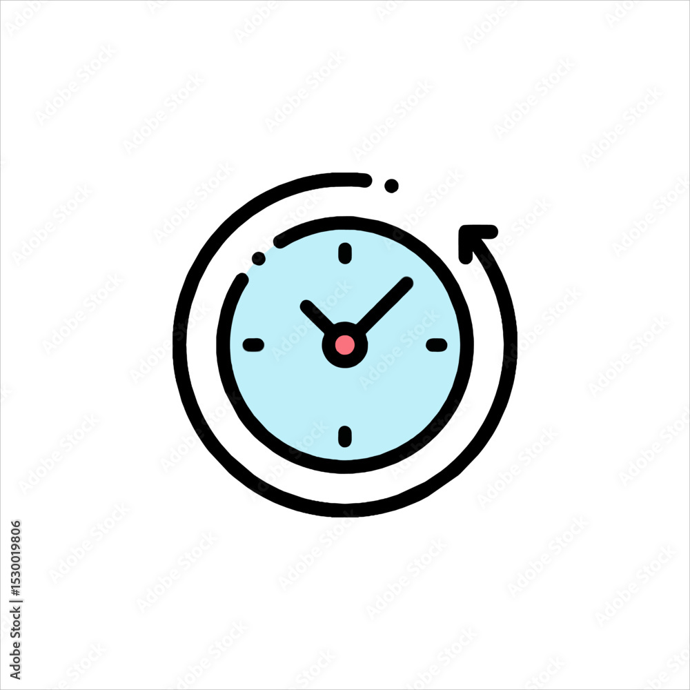 Clock with arrow rotates to indicate time passing, representing ...