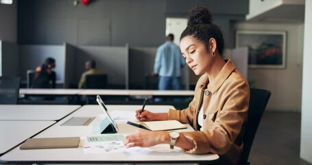 Poster - Writing, tablet and woman with documents for statistics, website analysis and research for seo. Creative, professional and person with notes, graph and chart for online review, web report and project