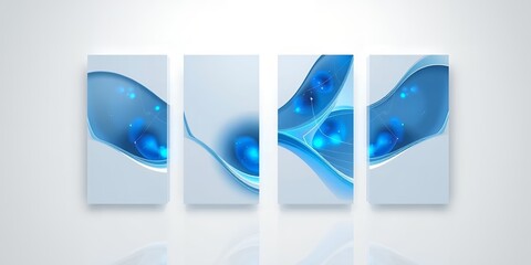 Wall Mural - four vertical panels displaying a blue abstract design with glowing orbs on a white background