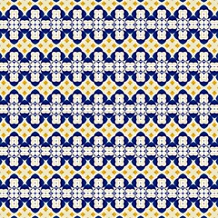 intricate blue and gold floral pattern on a beige backdrop, creating a vintage tile effect seamless 