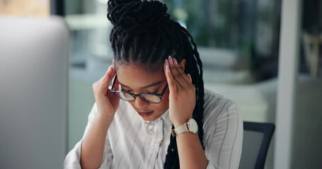 Aufkleber - Tired, employee and woman with headache, night or exhausted with deadline, working late or overtime. Thinking, accountant and black person with migraine for project, workaholic and burnout in office