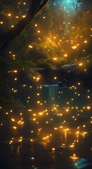 Wall Mural - glowing fireflies illuminating magical river in enchanted forest at night 4k vertical