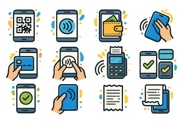 smartphone payment and contactless transaction icons with qr codes