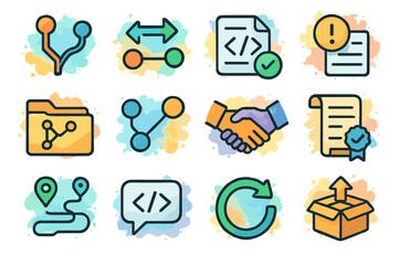 Vibrant software development icons featuring code, workflow, and collaboration