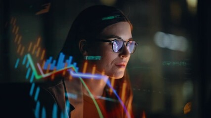 Stock market trader working hologram night closeup. Diagrams projected on face