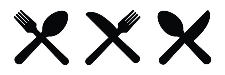Spoon, knife, fork icon set. Silverware solid monochrome icon set. eps 10.