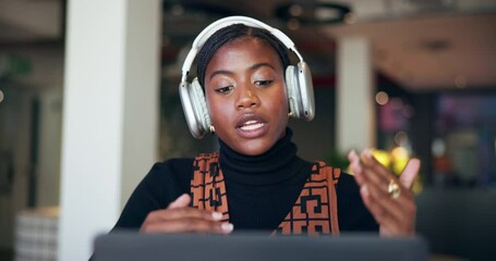 Poster - Headphones, laptop and video call with black woman designer in home office for discussion. Computer, creative and virtual meeting with freelance employee in apartment for development or planning
