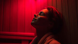 Relaxation in a red light sauna during a serene evening