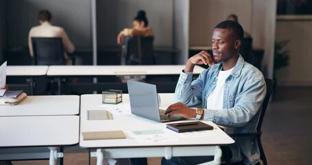 Poster - Creative, thinking and man with laptop, office and ideas for copywriting on web, online or research. Contemplating, writer and person with tech for marketing campaign, coworking workspace and article