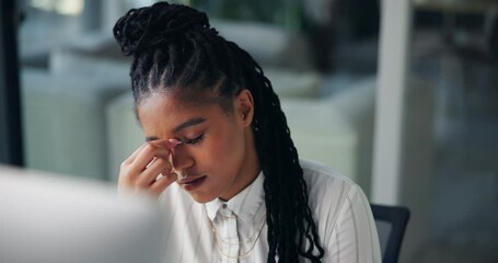 Aufkleber - Exhausted, employee and woman with deadline, laptop and accountant with project in office or online. Night, bookkeeper and black person with glasses, thinking and burnout in business and working late