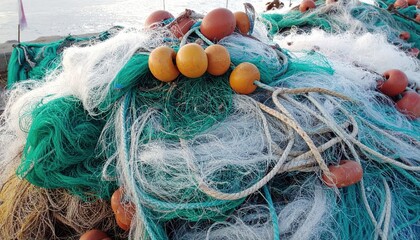 Tangled fishing net texture with buoys, ready for the next sea adventure