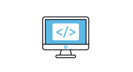 stylized illustration of a monitor displaying code tag on a white background.