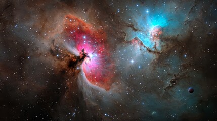 Wall Mural - Colorful space scene with a red and orange object in the middle. The image is vibrant and full of life