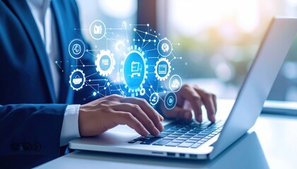 Digital Transformation with Connected Technology and Man Working on Laptop