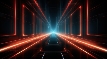 Poster - long, dark hallway with red and blue lights illuminating the space. the hallway is empty, giving it 
