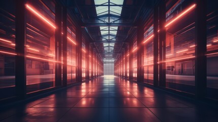 Poster - long, empty hallway with red lights shining on the floor. the lights create a sense of emptiness and