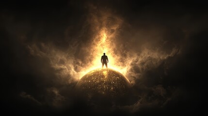 Wall Mural - man stands on top of a planet, surrounded by clouds and fire. concept of awe and wonder, as if the m