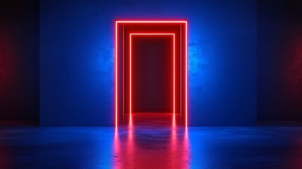 Wall Mural - neon red doorway is lit up in a blue room. the room is empty and the doorway is the only thing visib