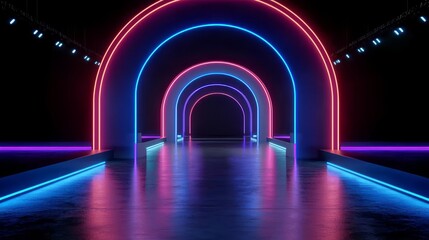 Wall Mural - neon tunnel with red, blue and green lights. the tunnel is long and narrow