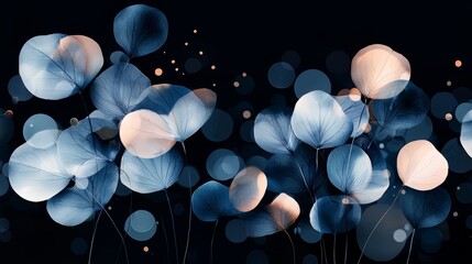 Wall Mural - Painting of flowers with a blue background. The flowers are in different sizes and are scattered throughout the painting. The overall mood of the painting is calm and serene