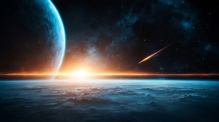 Wall Mural - planet with a sun in the sky and a shooting star in the distance. the sky is dark and the planet is 