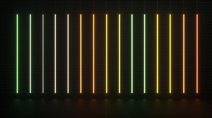 Wall Mural - row of neon lights in a dark room. the lights are in a rainbow of colors, from green to yellow. the 