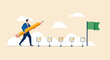 © GraphicsWorld - Project tracking, goal tracker, task completion or checklist to remind project progress concept, businessman project manager holding big pencil to check completed tasks in project management timeline.