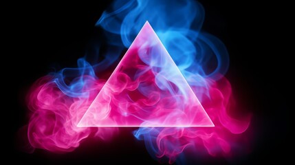 Wall Mural - triangle is lit up with blue and pink flames. the triangle is surrounded by smoke and the colors are
