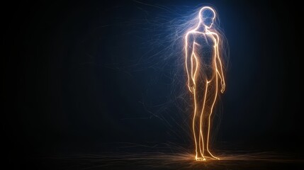 Poster - woman is standing in a dark room with a glowing body. the image has a futuristic and otherworldly fe