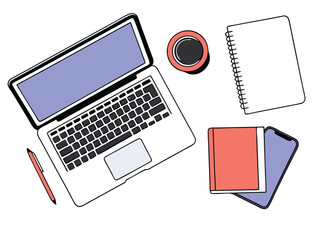 flat illustration of office desk with laptop and work essentials