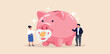 © LM - Child care expense planning, spending on having a baby or financial budget for kids concept, smart parent new father and mother with baby piggybank with teether metaphor of savings for kids.