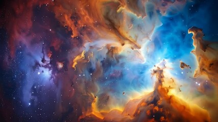 Wall Mural - A majestic nebula with radiant blue and orange hues swirling amidst cosmic dust and distant stars in the vast expanse of outer space
