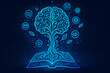 © sukit - Generative AI, A holographic tree of a brain from a book, surrounded by floating icons representing communication and learning.