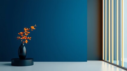 Canvas Print - minimalist interior scene orange branch dark blue wall black vase black pedestal simple