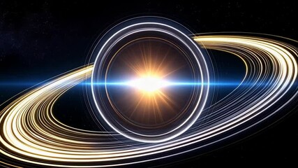 Wall Mural - Abstract glowing concentric rings form a planetary object within a blue star field in a cosmic background, suggestive of astrophysics, space travel, and future technology.