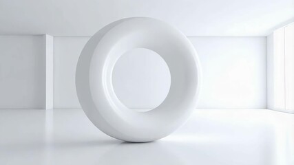 Wall Mural - abstract 3d white torus shape in a minimalist all-white room with soft light reflections on floor an