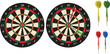 © samar - Cutout of three darts or arrows on target, two red and one green hitting bull's eye spot on on a tilted dart board isolated over horizontal white background denoting success, win achievement.