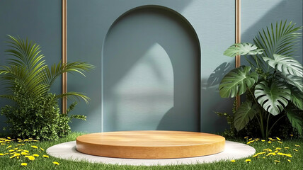 a circular wooden platform sits before a sage green wall with an arched opening, framed by tropical 