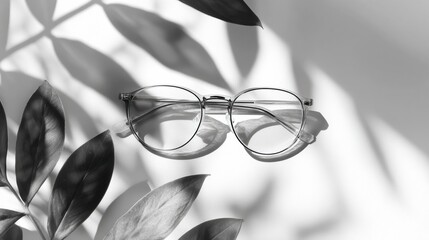 Fototapete - Stylish Glasses on a Flat Surface With Playful Plant Shadows Creating an Elegant Design
