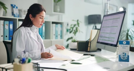 Poster - Computer, woman and doctor with documents in clinic for research on diagnosis or treatment. Technology, medical service and female healthcare worker with paperwork for notes in hospital office.