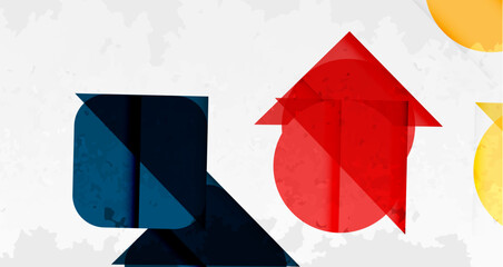 Fototapete - Abstract geometric shapes, blue, red, yellow hues. Textured background suggests vintage paper or wall. Minimalist design, modern aesthetic.