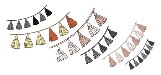 Vector illustration of hanging tassels in various colors featuring a collection of decorative design elements on a white background.