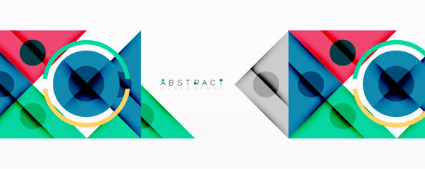 Aufkleber - Geometric shapes overlap, creating vibrant patterns. Blue, red, turquoise dominate design. Minimalist aesthetic, modern feel.
